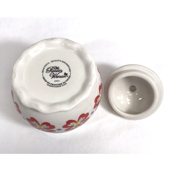Pioneer Woman Ceramic Sugar Bowl & Lid Red Floral Retro Canister Flea Market - Picture 4 of 5